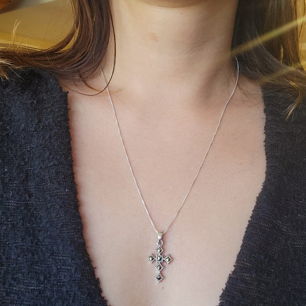 New Solid 925 Sterling Silver Ornate Marcasite Cr… - image 7